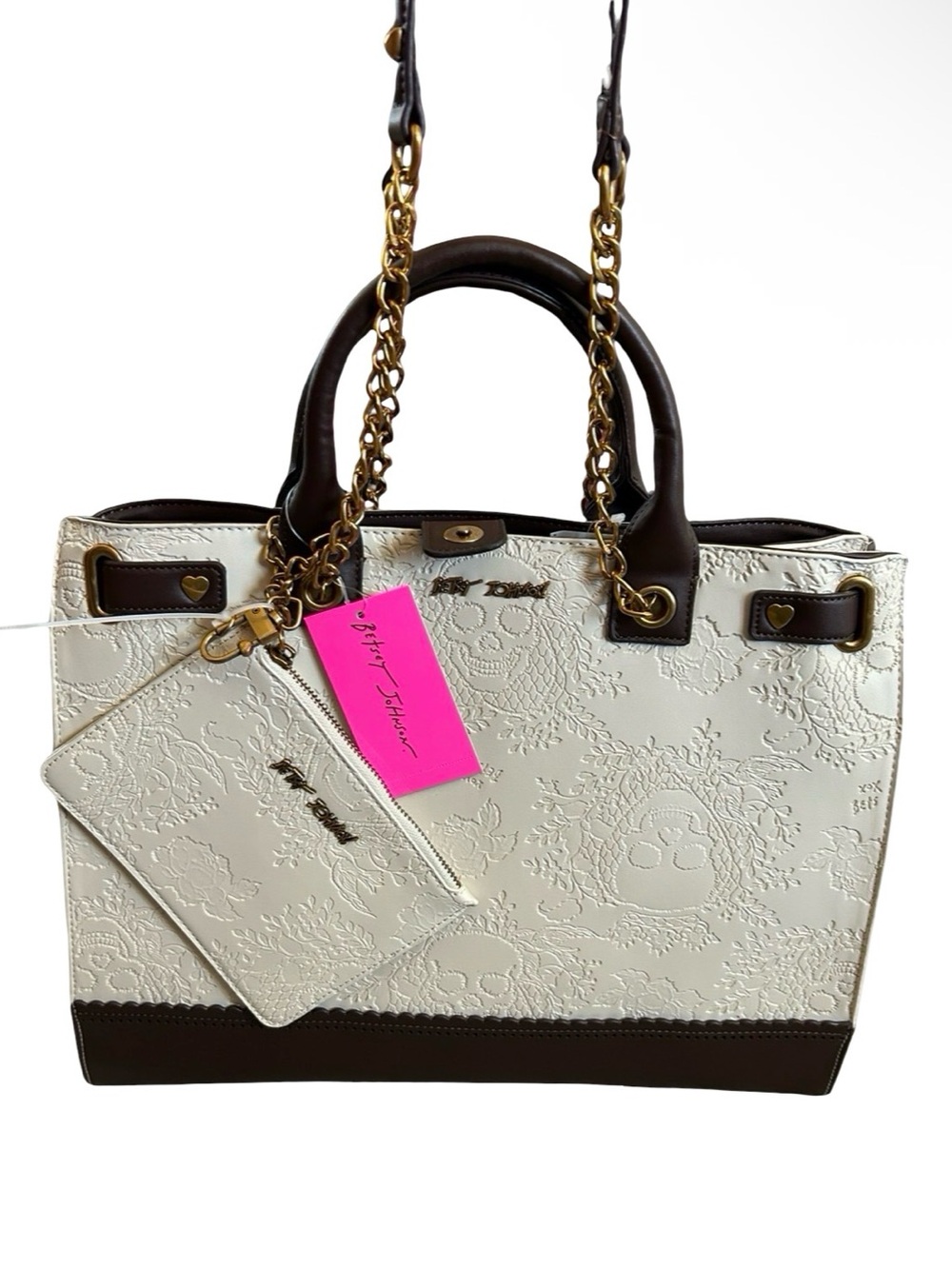 BETSEY JOHNSON XL CREAM & BROWN SKULL & ROSES DOUBLE HANDLE/CHAIN STRAPS TOTE
